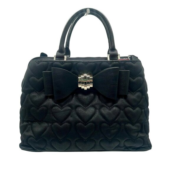 Betsey Johnson XOXO Quilted Heart Handbag Tote Black Bow Crossbody Vegan Leather - Picture 1 of 10